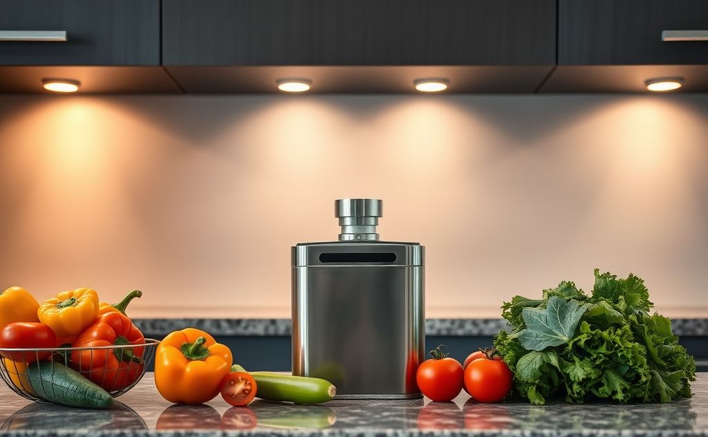 A kitchen garbage disposal with fresh vegetables nearby.