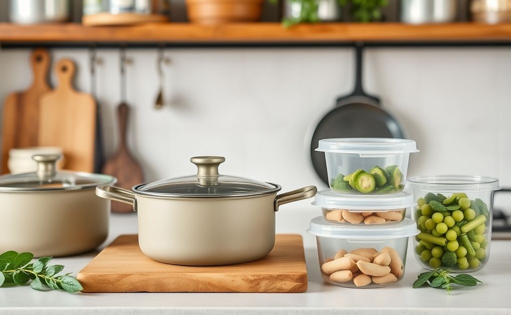A kitchen scene featuring eco-friendly cookware and reusable containers.
