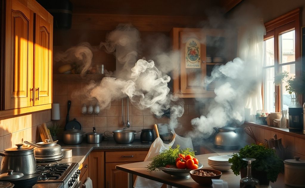 A kitchen with smoke and pollutants affecting indoor air quality