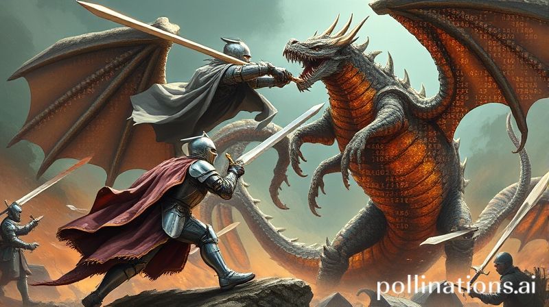 A fantasy illustration of a knight fighting a dragon made of red, buggy code symbols.