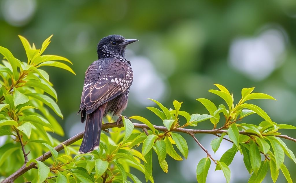 A koel bird perched on a branch with vibrant green foliage.