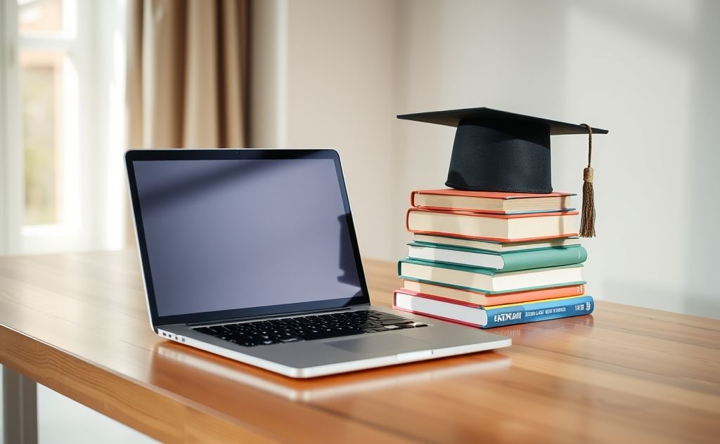 A laptop with a graduation cap and books on a desk.