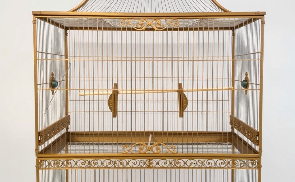 A large double birdcage with a central divider and decorative elements.