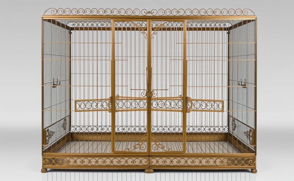 A large double birdcage with a central divider and intricate design.