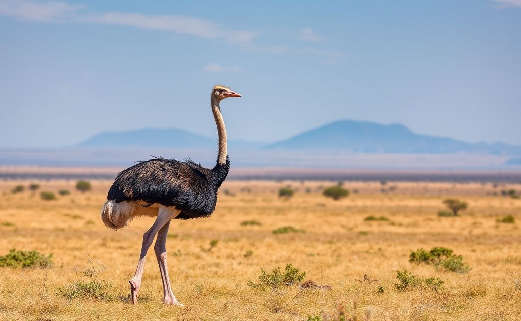 A large ostrich standing majestically in a vast savanna landscape.