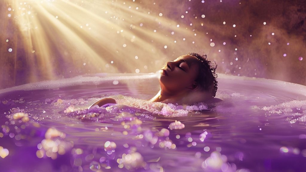 A lavender-infused bath scene. Soft, golden light filters through steam, illuminating a serene figure immersed in swirling purple water with floating Epsom salt crystals, dissolving into tranquility.