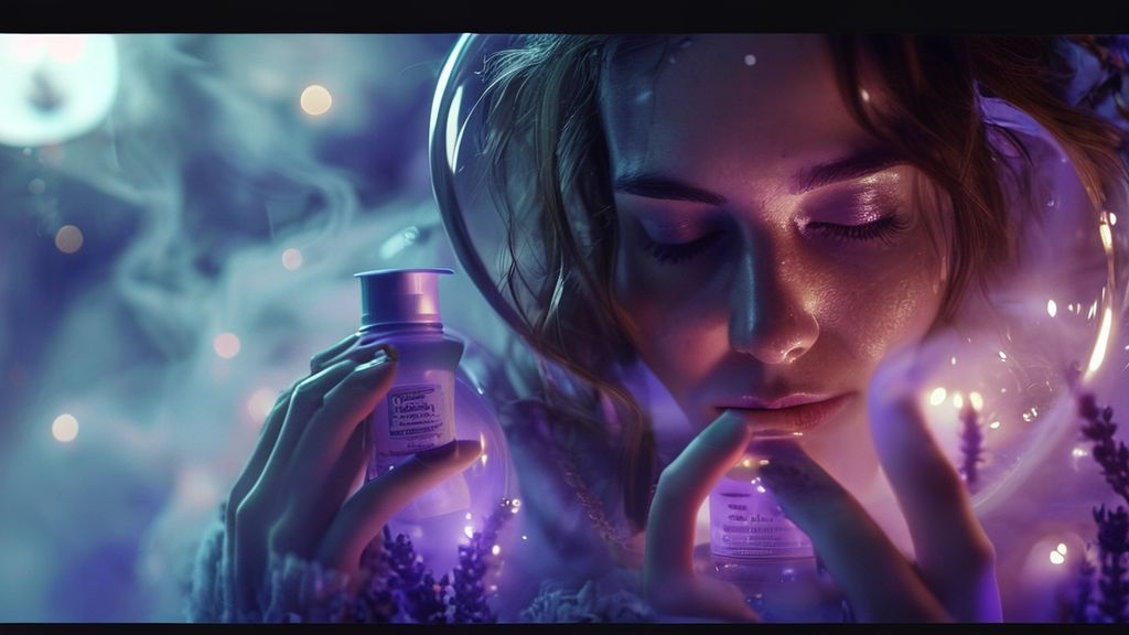 A lavender-infused mist swirling around a woman bathed in soft moonlight, enveloped in a cozy, illuminated bubble, cradling a Dr. Teal's lotion bottle. Mystic, ethereal, 4k, cinematic lighting.