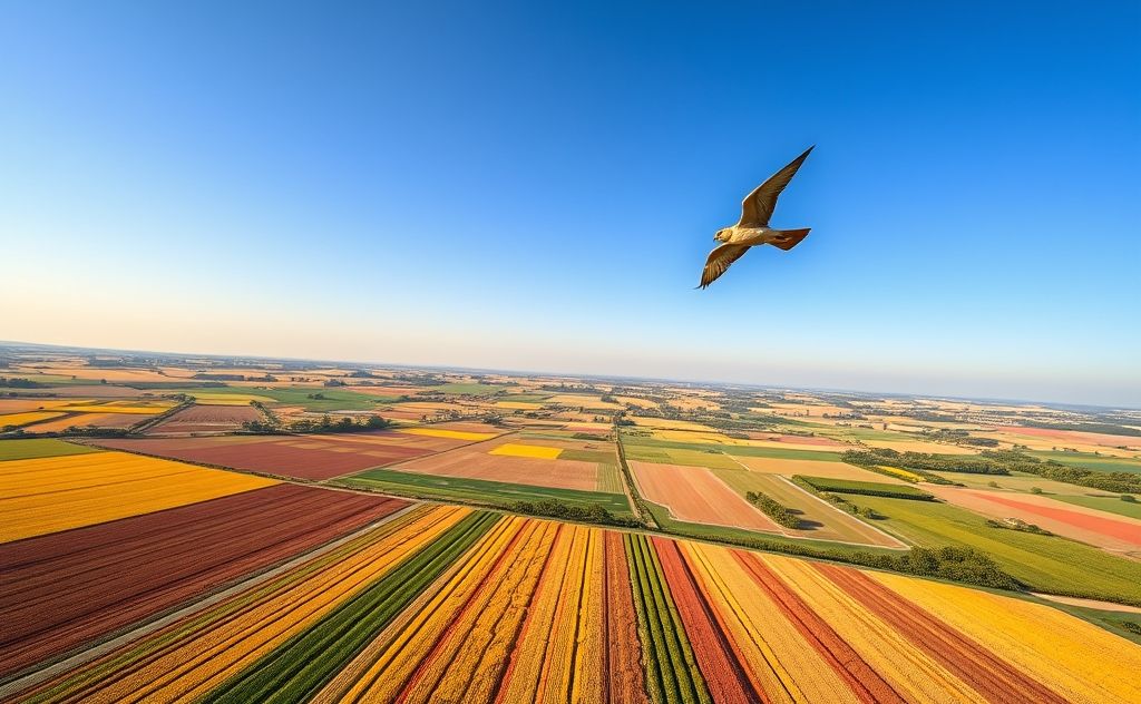 A lesser kestrel soaring over Italian farmlands with vibrant crops.
