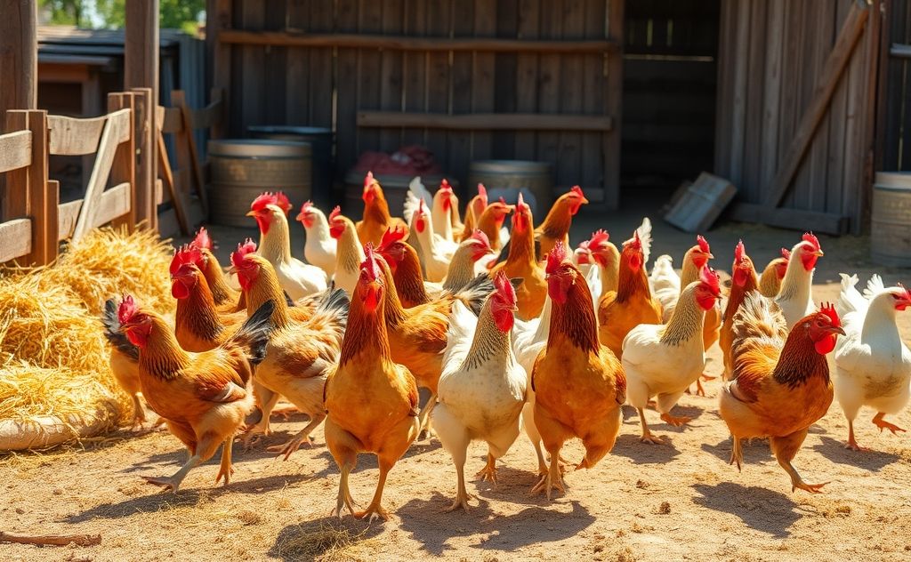 A lively flock of chickens in a sunny farmyard