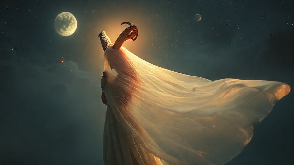 A lone Aries figure, bathed in celestial moonlight, embraces a flowing veil representing emotional needs. Mars glows red, the Moon silver, Venus golden. Ethereal, dreamlike, cinematic.