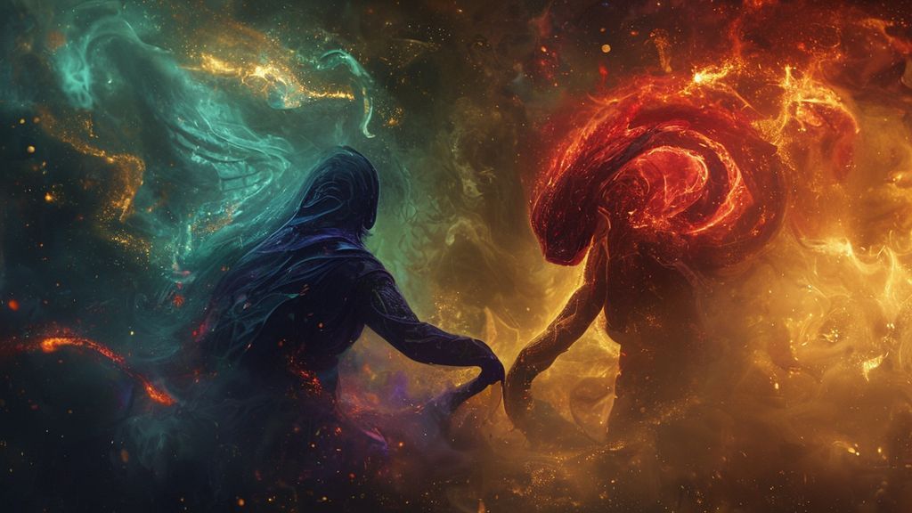 A lone Scorpio, cloaked in deep blues and purples, surrounded by swirling golden light, mediating between two ethereal figures, one fiery red, the other cool green. Cinematic, mystic 4k.