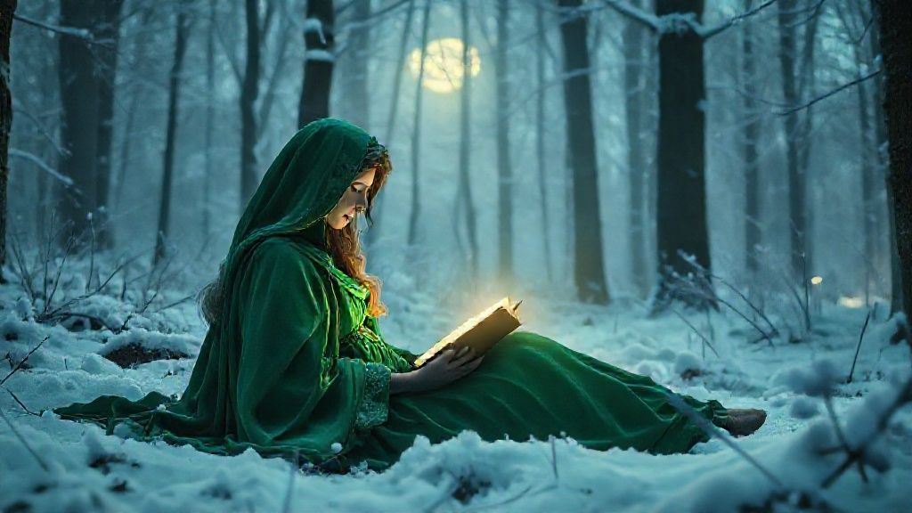 A lone Virgo figure, cloaked in emerald, rests peacefully amidst a snowy forest. Soft moonlight filters through the trees, illuminating a glowing book held gently. Cinematic, ethereal 4k.