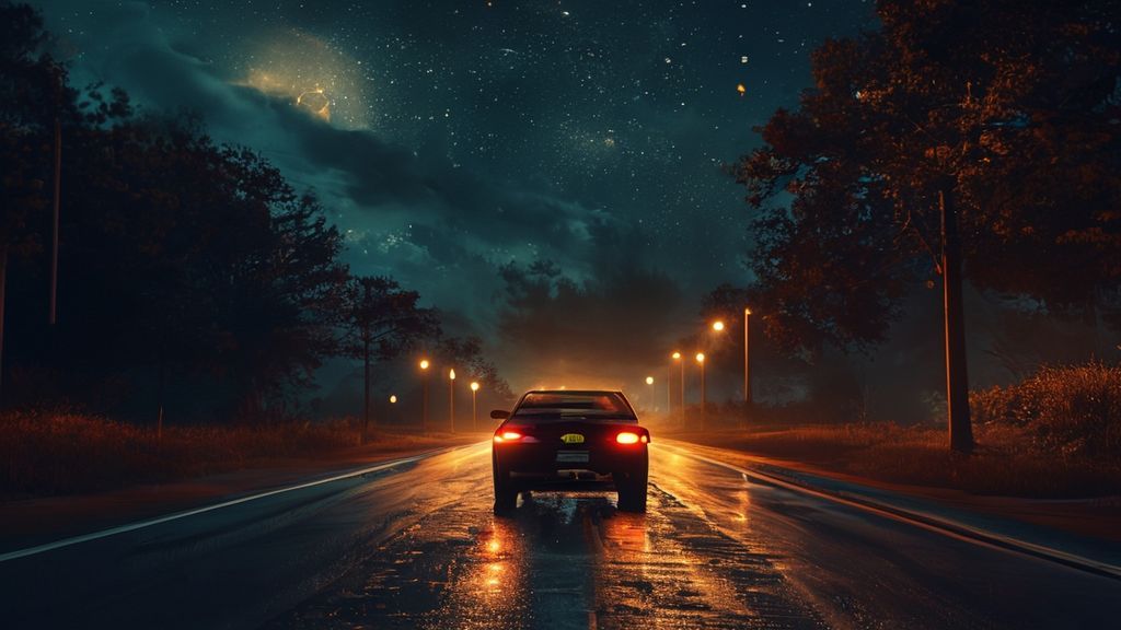 A lone car glides down a moonlit road, streetlights painting amber streaks. Silhouetted trees frame a vast, star-dusted night sky. Ethereal glow, mystic atmosphere, cinematic 4k.