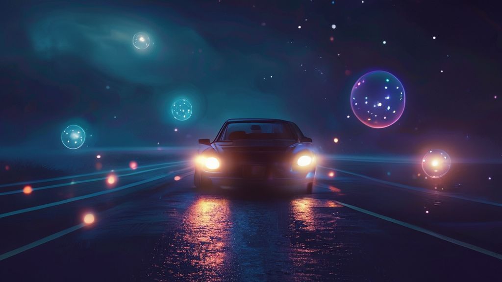 A lone car headlight beam cuts through a mystical, indigo twilight. Floating, luminous orbs represent the 4-7-8 breath, each glowing with an inner calm. Soft, ethereal light bathes the road.