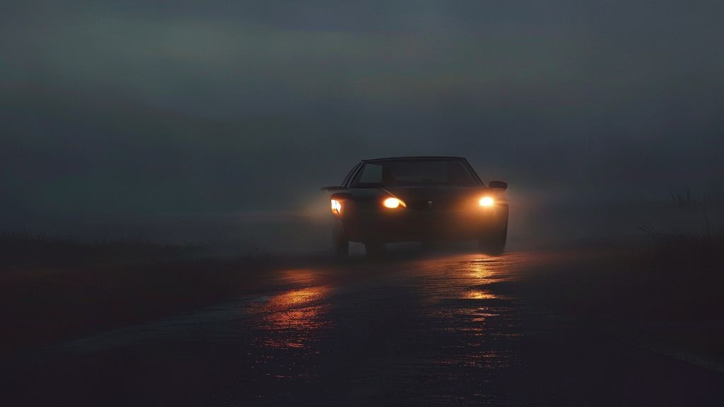 A lone car on a dark road, headlights piercing a misty, twilight landscape. Soft, ambient glow surrounds the vehicle. The scene evokes a feeling of calm and acknowledging the stress, mystical.