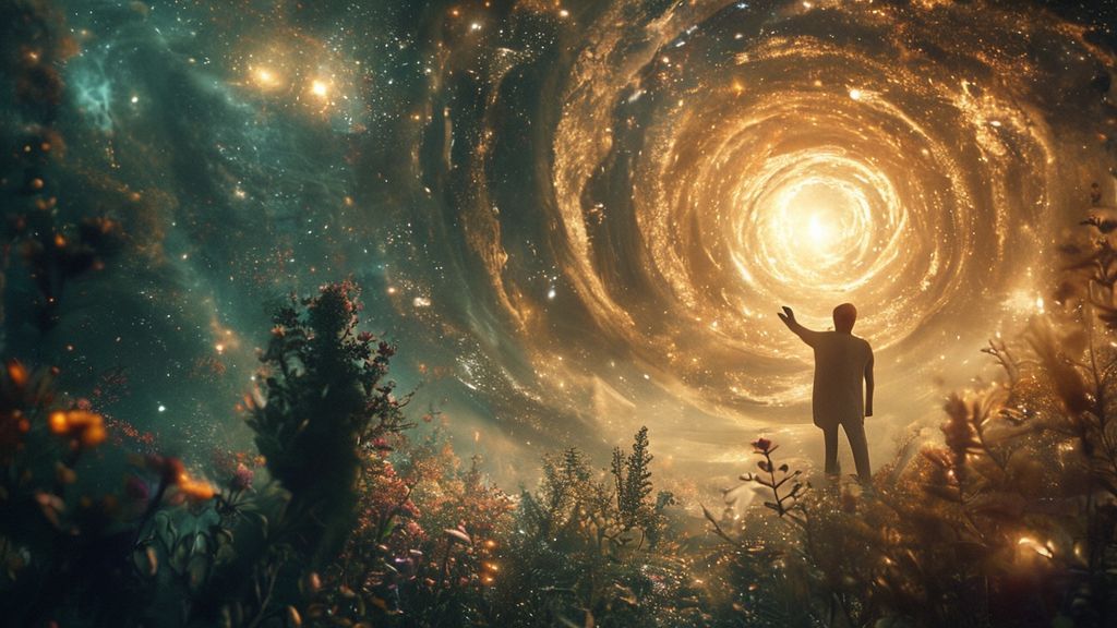 A lone figure bathed in celestial light, reaching towards a swirling vortex of stars and herbal flora, representing resilience. Mystic, ethereal, 4k, cinematic lighting.