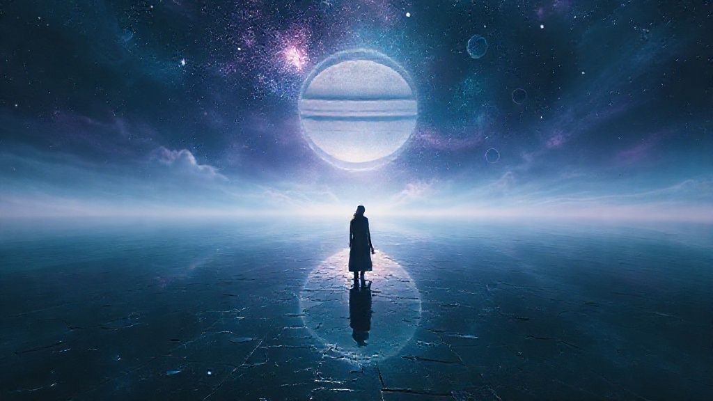 A lone figure bathed in celestial light, shattered reflections mirroring a Saturn-Neptune alignment. Deep blues and purples swirl, hinting at vulnerability and emotional transformation.