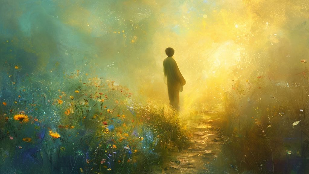 A lone figure bathed in golden light, offering a gentle hand to a path woven with wildflowers, symbolizing healing. Soft blues and greens evoke peace. Ethereal, mystic style.