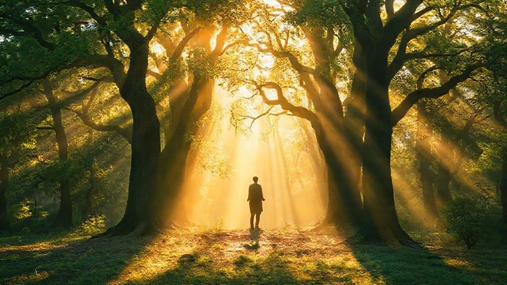 A lone figure bathed in golden, dappled sunlight filters through ancient forest trees. Soft greens and blues swirl around, representing mindfulness. Ethereal, gentle glow. A peaceful, restorative scene.
