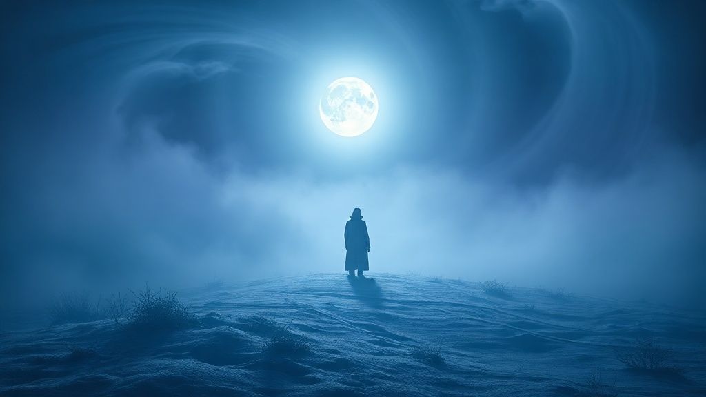 A lone figure bathed in silver moonlight during the winter solstice, surrounded by swirling, ethereal blues and purples. Hints of new growth emerge, reflecting inner strength. Cinematic lighting, 4k.