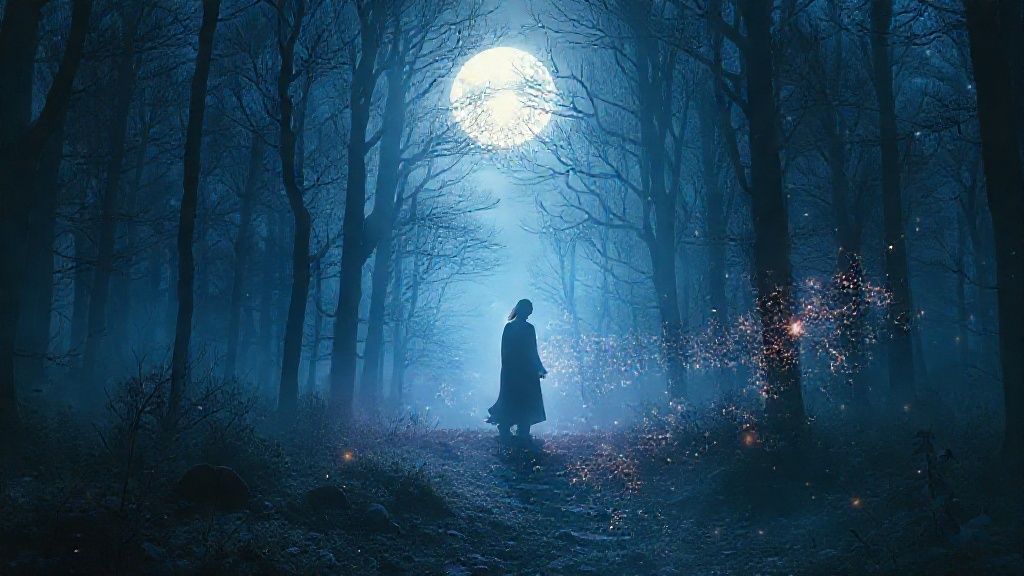 A lone figure bathed in silver moonlight, revealing hidden shadows. Ethereal glow emanates from tarot cards, swirling with cosmic dust, amidst a serene, mystical forest. Deep blues, purples, and golds.