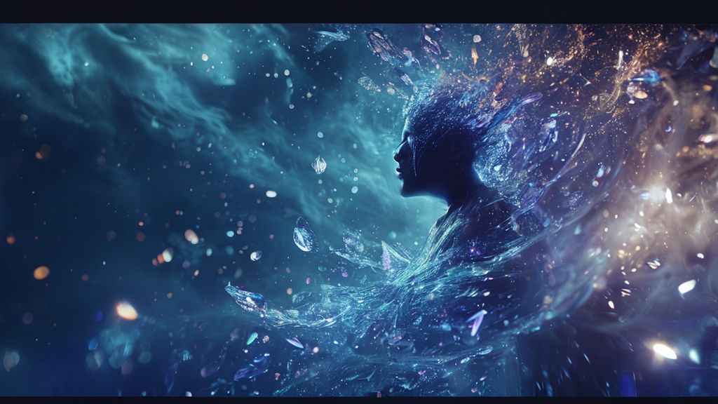 A lone figure bathed in silver moonlight, surrounded by swirling, iridescent energy.  Transforming tears into glowing crystals, set against a deep indigo sky. Mystical and ethereal, cinematic 4k.