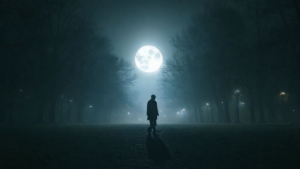 A lone figure bathed in silver moonlight, walking through a Berlin park at night. Ethereal glow surrounding the moon and figure, cleansing them of shadows. Cinematic, 4k.