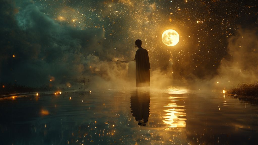 A lone figure bathed in soft moonlight, cleansing aura of shimmering gold. Whisps of smoke from burning sage swirl around a serene, reflective pool, mirroring a starry sky. Mystic, ethereal, 4k, cinematic.