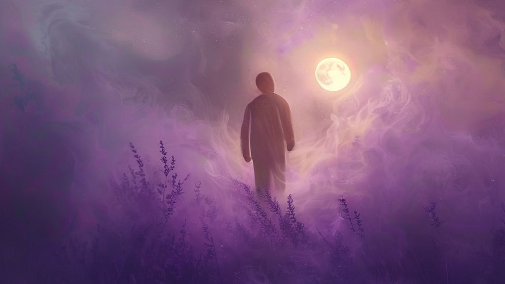 A lone figure bathed in soft moonlight, surrounded by swirling, lavender mist. Gentle, warm light emanates from within, representing inner peace found through support and therapy. Mystic, ethereal, 4k.
