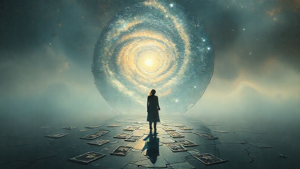 A lone figure bathed in soft, celestial light, gazing at a swirling galaxy reflected in a shattered mirror. Tarot cards float, casting subtle shadows, amidst muted blues and golds.