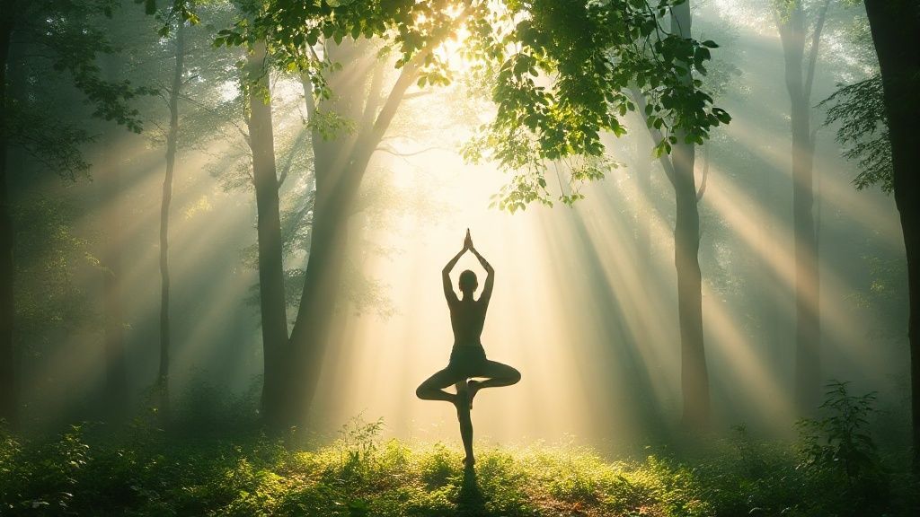 A lone figure bathed in soft, ethereal light, practicing yoga in a misty forest. Sunlight filters through leaves, illuminating the form amidst a calming, green hue, invoking peace and self-awareness.