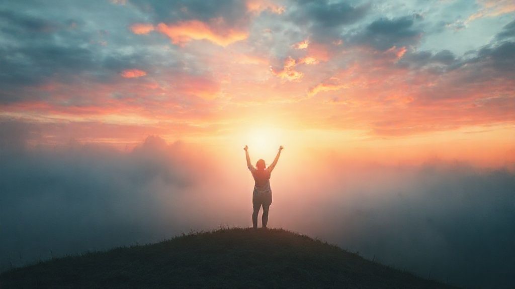 A lone figure bathed in soft, ethereal light, reaching towards a fragmented, colorful sky above a serene, misty landscape. Symbolic of finding joy amidst darkness.