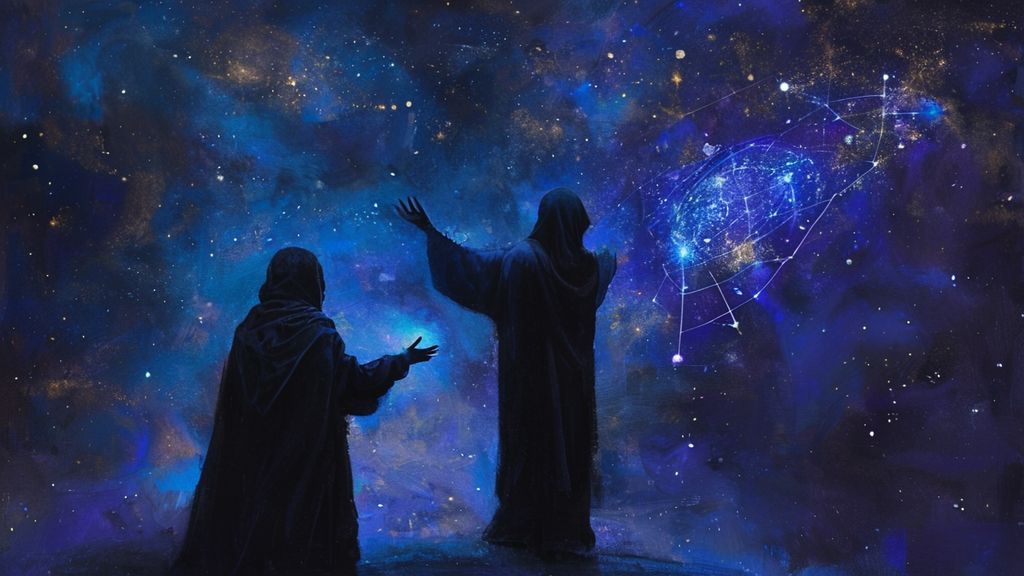 A lone figure cloaked in shadows, illuminated by a soft, celestial glow. Their hands reach towards a constellation map, representing unmet needs within a void, painted in deep blues and purples.