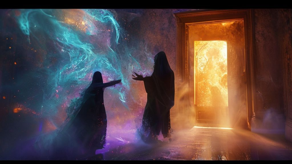 A lone figure cloaked in shadows, reaching for a shimmering, fractured light. Ethereal blues and purples swirl, contrasting with a warm, inviting golden glow emanating from a distant doorway. Cinematic, 4k.