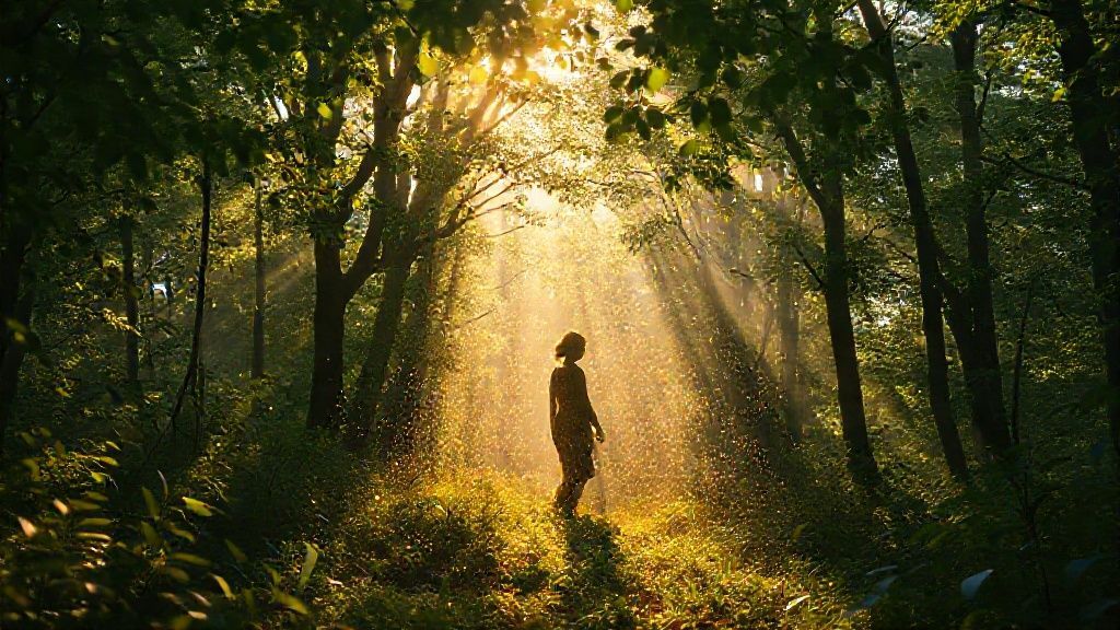 A lone figure dissolving into a vibrant forest. Sunlight filters through leaves, illuminating swirling golden dust motes. The figure's form shifts, merging with nature, finding peace. Mystic, ethereal, 4k, cinematic lighting.