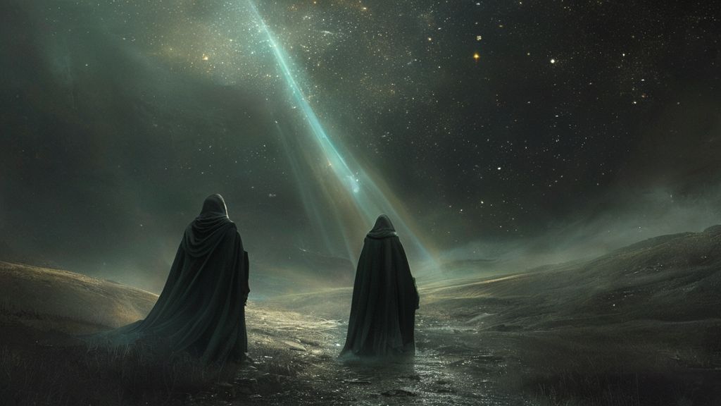 A lone figure draped in a heavy, dark cloak stands in a star-filled valley. A single, radiant beam of light breaks through, illuminating the path ahead, ethereal glow.