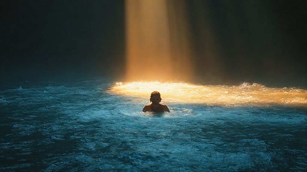 A lone figure emerging from a shadowy, flowing river. Light breaks through, illuminating their face with hope. Ethereal glow, deep blues, and golds. Mystic and resilient.