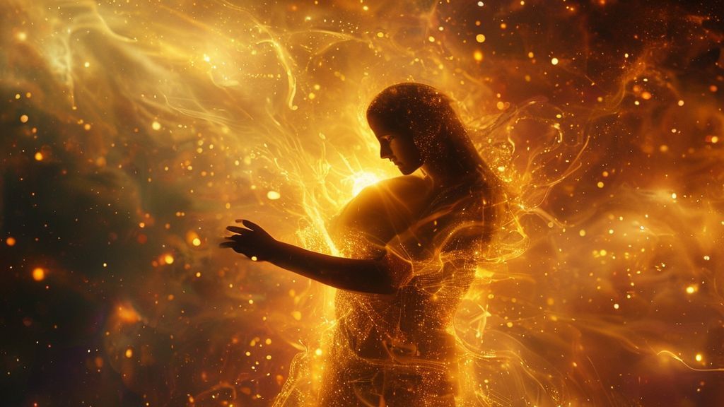 A lone figure glows, bathed in soft, golden light, embracing themselves. Energy flows like shimmering threads, connecting them to a vibrant, swirling nebula of self-compassion, mystic style, ethereal, 4k.