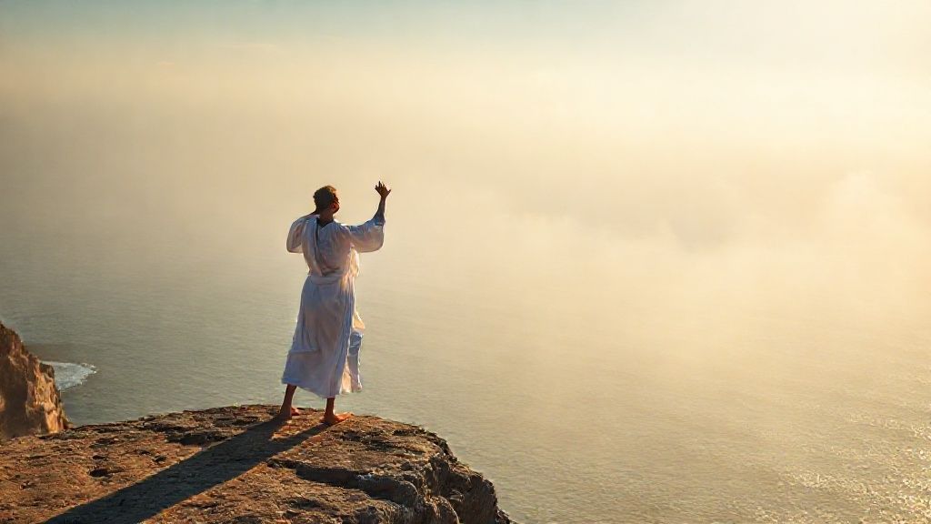 A lone figure in flowing white robes, practicing yoga on a sun-drenched cliff overlooking a calm ocean. Soft golden light bathes the scene, a mist swirling around.