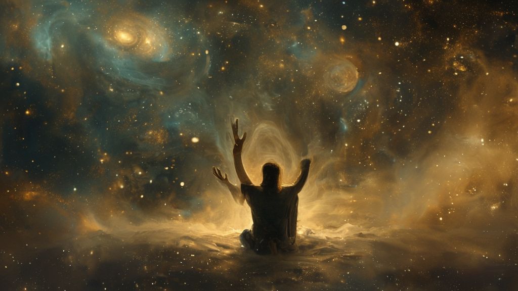 A lone figure kneels in moonlit cosmic dust, hands raised. Soft ethereal light bathes them, swirling nebulas surrounding. Subtle golds and blues evoke divine surrender and trust.