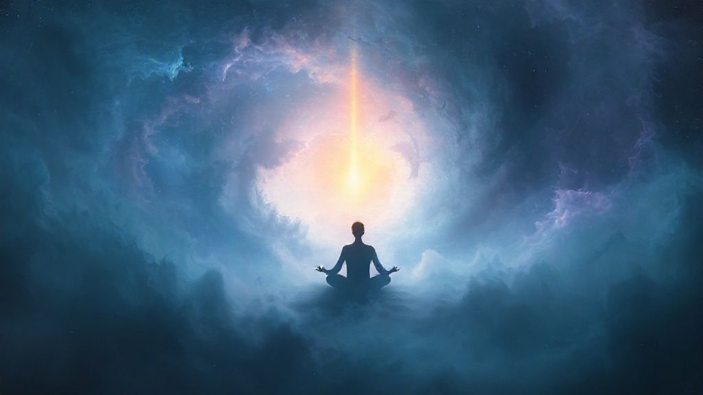 A lone figure meditates within a swirling nebula of anxiety. Soft blues and purples illuminate the scene. Golden light gently breaks through the darkness, representing hope and mindfulness. Mystic and ethereal.