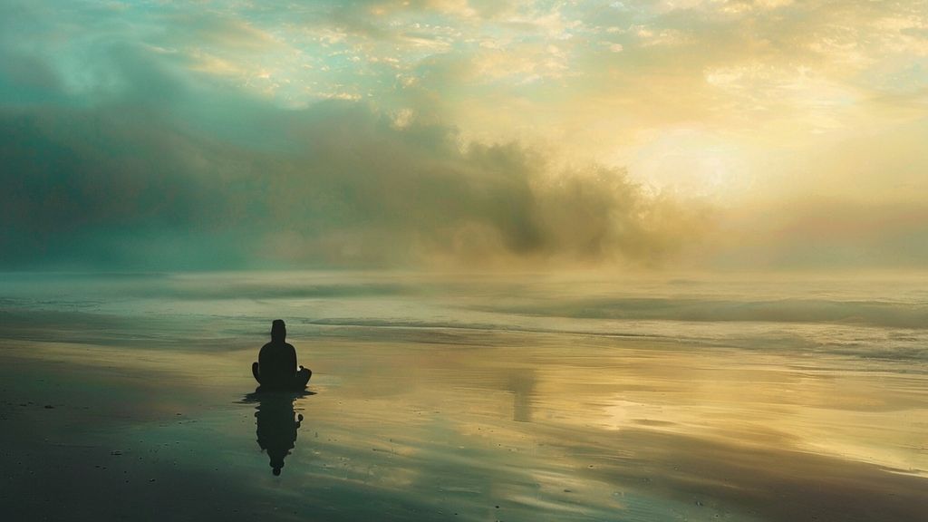 A lone figure meditating at dawn, bathed in soft, golden light on a serene beach. Mist swirls, reflecting the ocean's gentle blues and greens, symbolizing renewal and connection to nature.