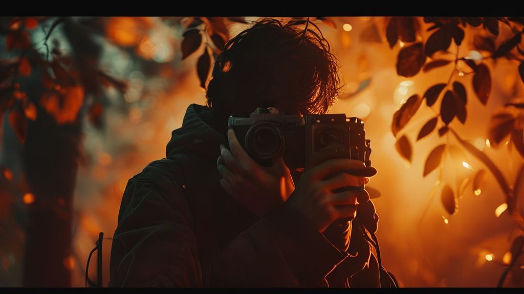 A lone figure of Jonathan Byers, shrouded in twilight, holding a vintage camera. The scene glows with warm, amber light filtering through leaves. Mystic, ethereal, 4k.