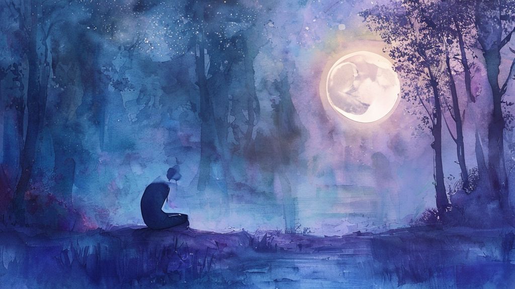 A lone figure rests, bathed in the soft glow of a waning crescent moon. Dreamlike, watercolor style, serene blues & purples. Floating, meditative pose in a tranquil, moonlit forest clearing.