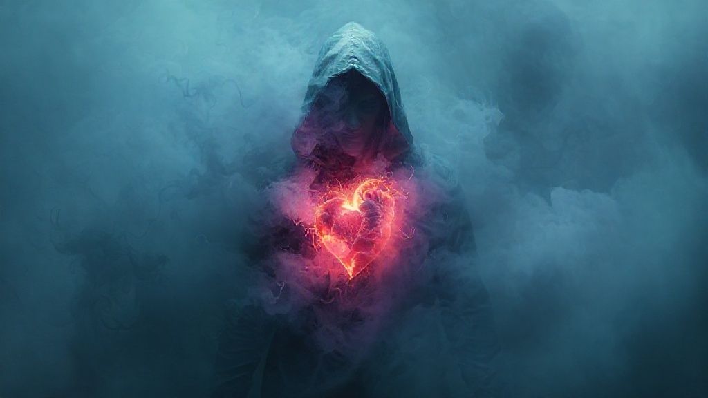 A lone figure shrouded in swirling, smoky anxieties, chest illuminated from within by a frantic, racing heart. Pale blues and deep purples, with a touch of gold, emanate fear.