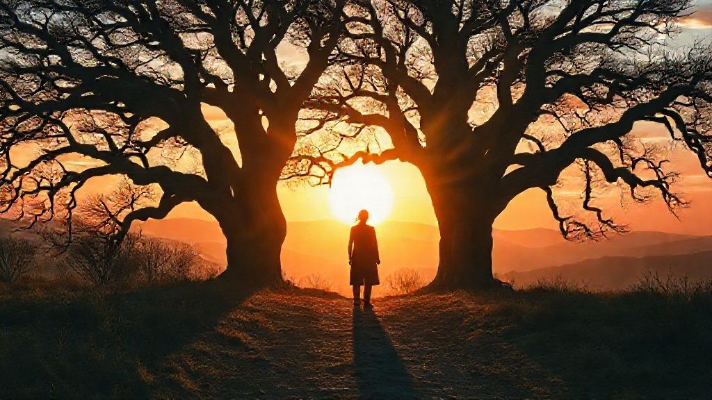 A lone figure silhouetted against a breathtaking sunrise, their form merging with ancient, gnarled trees. Ethereal light bathes the scene, illuminating a path leading towards hope. Earthy tones blend with vibrant hues.