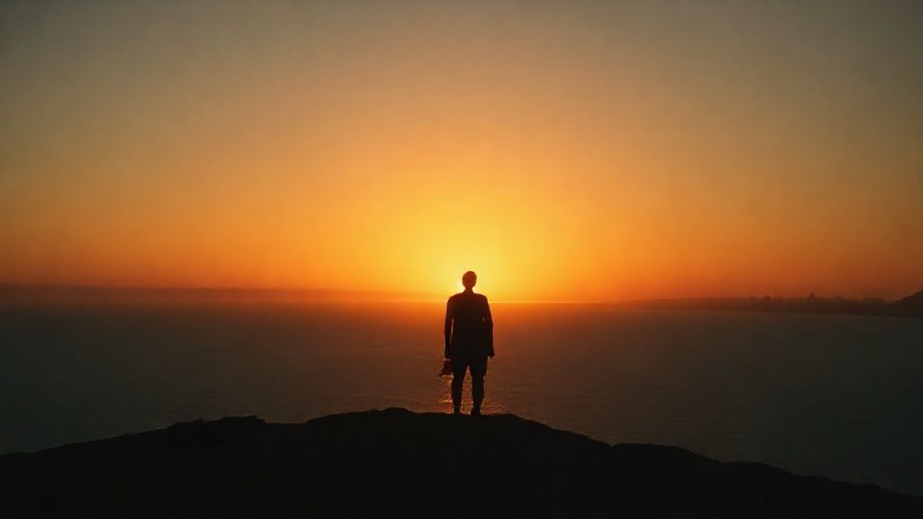 A lone figure silhouetted against a sunrise over the Mediterranean, golden light piercing a dark horizon, Barcelona faintly visible. Ethereal, mystic, 4k cinematic.