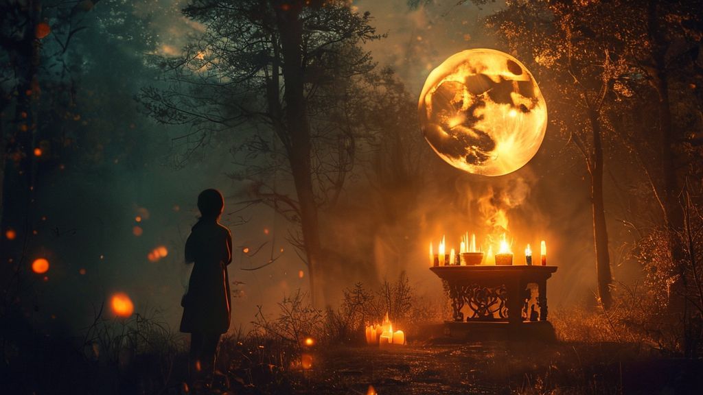 A lone figure silhouetted by the luminous full moon, burning paper releasing smoke. Warm candlelight illuminates a crystal-laden altar in a mystical forest clearing, embodying self-care and transformation.