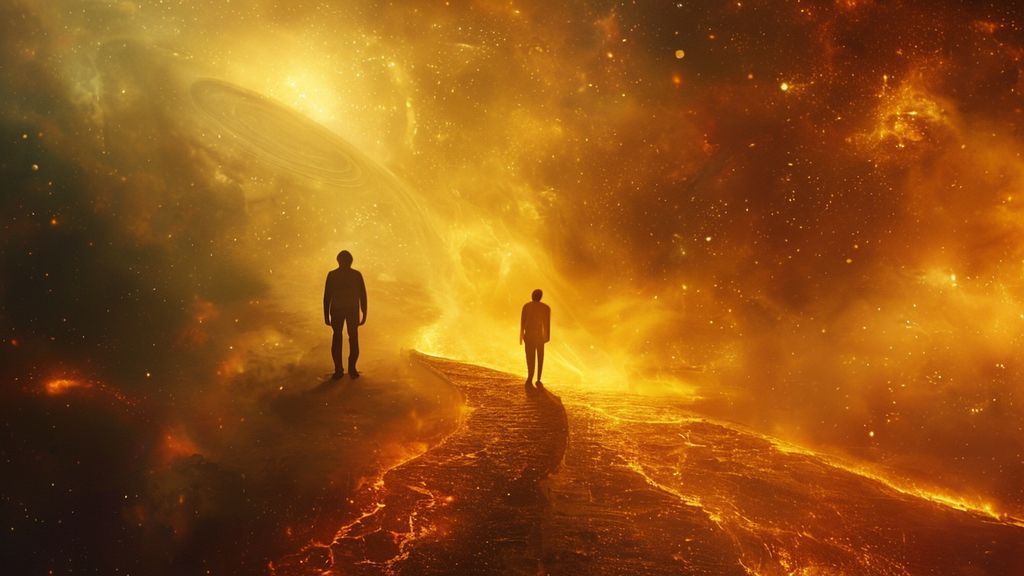 A lone figure stands at a crossroads, bathed in celestial light. One path glows with fiery Mars energy, the other shadowed by a Saturnian mist. Golden light streams, revealing a balanced life.