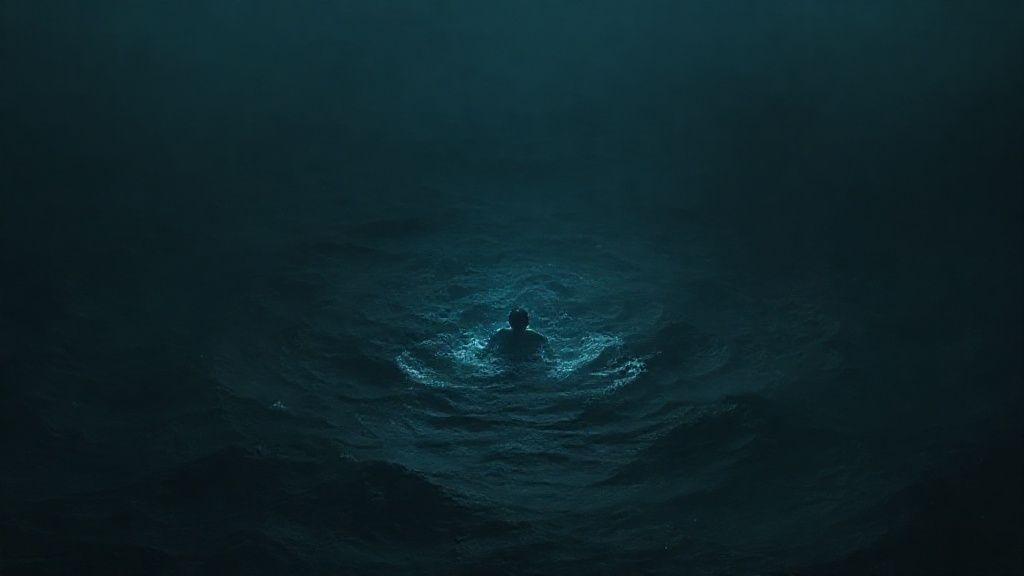 A lone figure submerged in a dark, swirling ocean, cloaked in shadows. Only a faint, ethereal glow emanates, representing the smothered spirit, struggling against the overwhelming darkness. Cinematic lighting.